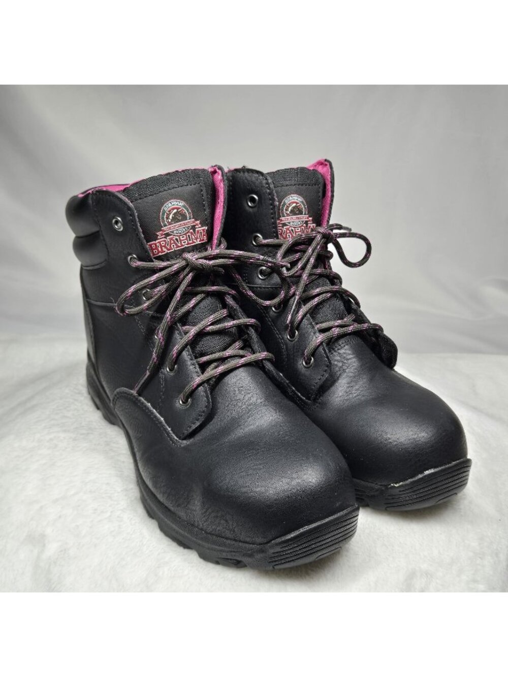 Brahma Women's Black/Pink Steel Toe Slip Resistant Lace Up Work Boots Size 10